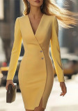 Women Fall Solid Long-Sleeved Button-Slit Blazer Dress