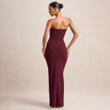 Women Fall Strapless Solid Pleated Ribbon Dress