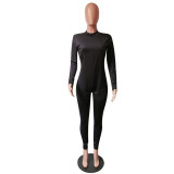 Women's Autumn Winter Sexy Tight Fitting Mesh Patchwork Long Sleeve Jumpsuit