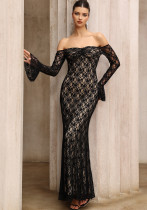Women French Off-Shoulder Lace Long-Sleeve Maxi Dresses