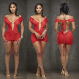 Women's Autumn Solid Color Sexy Off-Shoulder Short Sleeve Low Back Lace-Up Pleated Short Dress