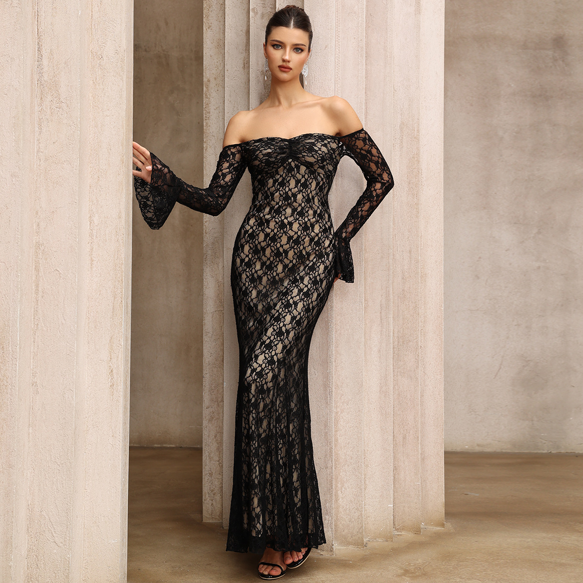 Women French Off-Shoulder Lace Long-Sleeve Maxi Dresses