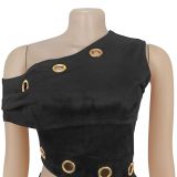 Fashion Women's Sexy Button Slash Shoulder Top Short Skirt Two-Piece Set