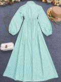 Women's Striped Long Sleeve Turndown Collar Elegant Casual Belted Long Dress