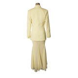 Women elegant autumn solid blazer and mesh two-piece skirt