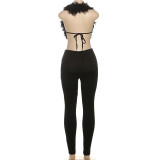 Women Fall Sexy Halter Neck Lace-Up Backless V-Neck Top and Pant Two-Piece Set