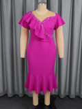 Plus Size Women's Flounce Mesh Patchwork Dress Rhinestone Chic Elegant Midi Dresses
