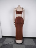 Casual Strap Crop Top High-Waist Hollow Long Skirt Two-Piece Set