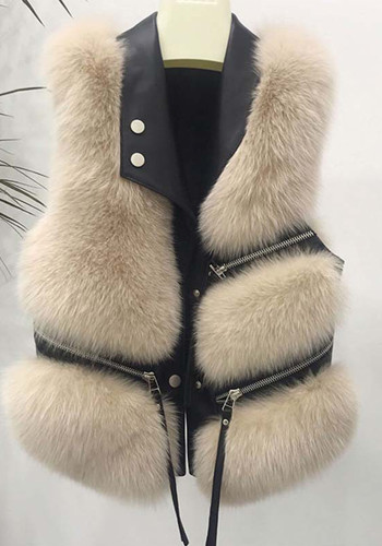 Autumn Winter Fox Fur Vest Turndown Collar Zipper Short Patchwork Faux Fur Fashion Sleeveless Coat