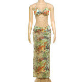 Women's Spring Halter Neck Tie Beaded Chain Slim Low Back Sexy Dress