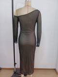 Women Long-Sleeved Draped Slash Shoulder Dress