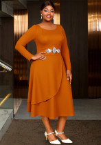 Plus Size Solid Color Long Sleeve Elegant Dress with Rhinestone Irregular Midi Dress