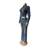 Denim Stretch Long Sleeve Jacket Flared Pants Set