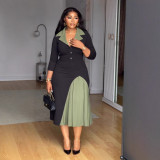 Elegant Career Turndown Collar Slim Waist Color Block Patchwork Pleated Dress