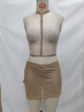 Metal Rhinestone Sexy Sequins Low Back Chain Halter Neck Women's Skirt Set