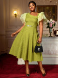 Elegant Slash Shoulder Mesh Flutter Sleeve Mid-Length Dress Slim Waist A-Line Party Dress Dresses