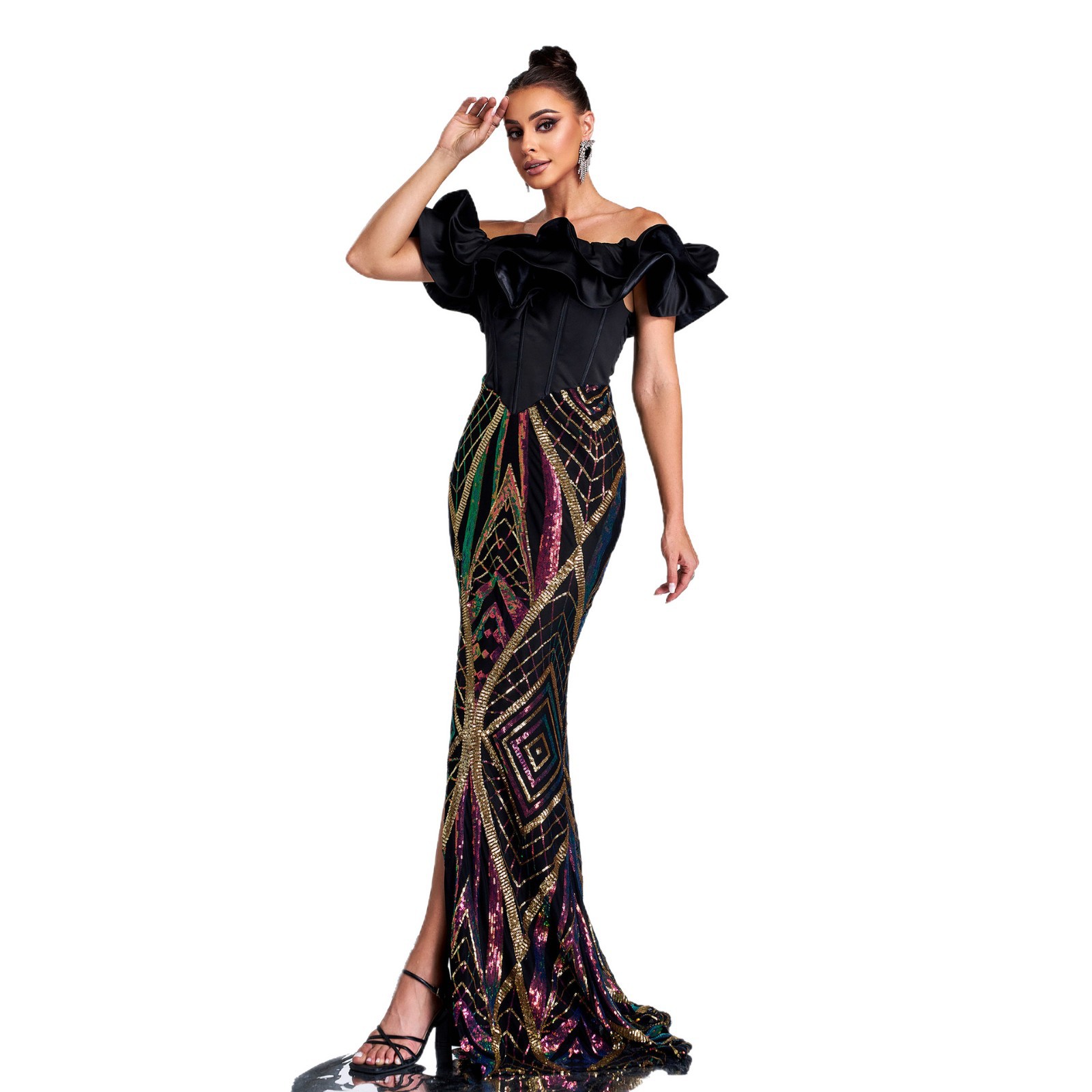 Women's Off Shoulder Slim Formal Party Dress Sequin Slit Long Evening Gown