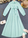 Women's Striped Long Sleeve Turndown Collar Elegant Casual Belted Long Dress