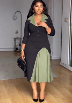Elegant Career Turndown Collar Slim Waist Color Block Patchwork Pleated Dress