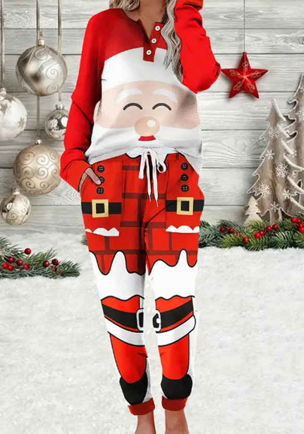 Women's Fashion Elegant Round Neck Long Sleeve Christmas Pattern Printed Lounge Wear Set