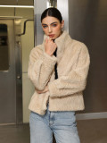 Autumn Winter Ribbed High Neck Long Sleeve Warm Women's Fur Coat Fashion Outerwear