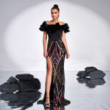 Women's Off Shoulder Slim Formal Party Dress Sequin Slit Long Evening Gown