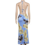 Women's Spring Halter Neck Tie Beaded Chain Slim Low Back Sexy Dress