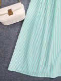 Women's Striped Long Sleeve Turndown Collar Elegant Casual Belted Long Dress