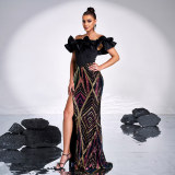 Women's Off Shoulder Slim Formal Party Dress Sequin Slit Long Evening Gown