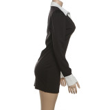Women's Autumn Chic Color Block Slim Turndown Collar Button Shirt Dress