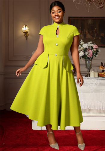 Plus Size Solid Color Cut-Out Short Sleeve Party Dress Stand Collar A-Line Elegant Evening Gown