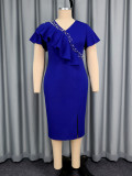 Plus-size Women blue v-neck ruffled rhinestone slit elegant bodycon dress