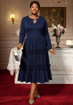 Plus Size Women's Autumn Round Neck Cut-Out Knitting Long Sleeve Gathers A-Line Dress