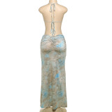 Women's Spring Halter Neck Tie Beaded Chain Slim Low Back Sexy Dress