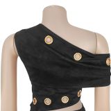 Fashion Women's Sexy Button Slash Shoulder Top Short Skirt Two-Piece Set