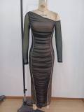 Women Long-Sleeved Draped Slash Shoulder Dress