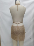 Metal Rhinestone Sexy Sequins Low Back Chain Halter Neck Women's Skirt Set
