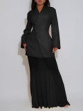 Women elegant autumn solid blazer and mesh two-piece skirt