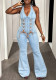 Halter Neck Tight Waist Slim Medium Stretch Washed Denim Overalls Jumpsuit