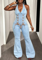 Halter Neck Tight Waist Slim Medium Stretch Washed Denim Overalls Jumpsuit Halter Neck Tight Waist Slim Medium Stretch Washed Denim Overalls Jumpsuit