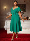 Plus Size Women's Flounce Short Sleeve Mesh Patchwork Rhinestone A-Line Elegant Dress