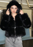 Autumn Winter Fur Coat Hooded Warm Chic Solid Color Zipper Women's Outerwear