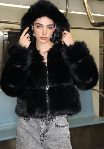 Autumn Winter Fur Coat Hooded Warm Chic Solid Color Zipper Women's Outerwear