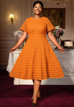 Plus Size Orange Lace Short Sleeve Dress High Waist A-Line Elegant Chic Evening Gown Plus Size Orange Lace Short Sleeve Dress High Waist A-Line Elegant Chic Evening Gown