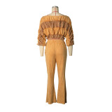 Women's Contrast Color Slim Stretch Top and Washed Long Pants Two-Piece Set