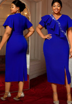 Plus Size Blue V-Neck Chic Dress Flounce Rhinestone Slit Elegant Fashion Midi Dress