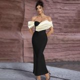 Women sexy off-the-shoulder strapless contrasting patchwork formal party dress