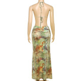 Women's Spring Halter Neck Tie Beaded Chain Slim Low Back Sexy Dress