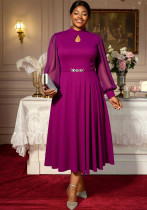 Plus Size Women's Elegant Purple Mid-Length Dress High Neck Cut-Out Design Chiffon Lantern Sleeve Rhinestone Belt Evening Gown Plus Size Women's Elegant Purple Mid-Length Dress High Neck Cut-Out Design Chiffon Lantern Sleeve Rhinestone Belt Evening Gown