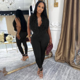 Women Fall Sexy Halter Neck Lace-Up Backless V-Neck Top and Pant Two-Piece Set